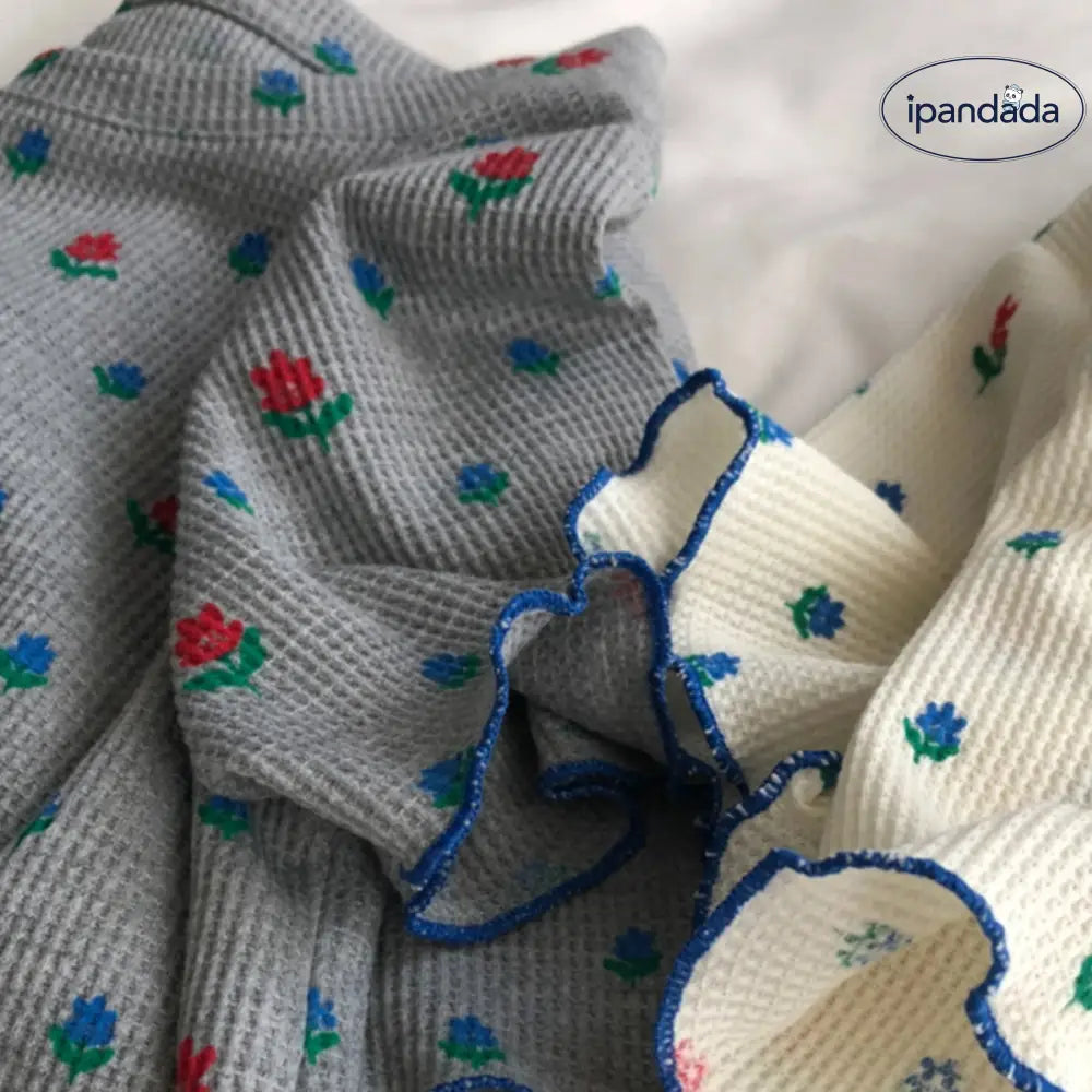 ID1482 韓国風 フリル付き フラワープリント ヴィンテージカラー コンビネーション ショートスリーブ Tシャツ レディース 夏用 薄手 ゆったり シルエット 丸首 花柄 トップス