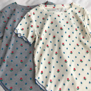 ID1482 韓国風 フリル付き フラワープリント ヴィンテージカラー コンビネーション ショートスリーブ Tシャツ レディース 夏用 薄手 ゆったり シルエット 丸首 花柄 トップス