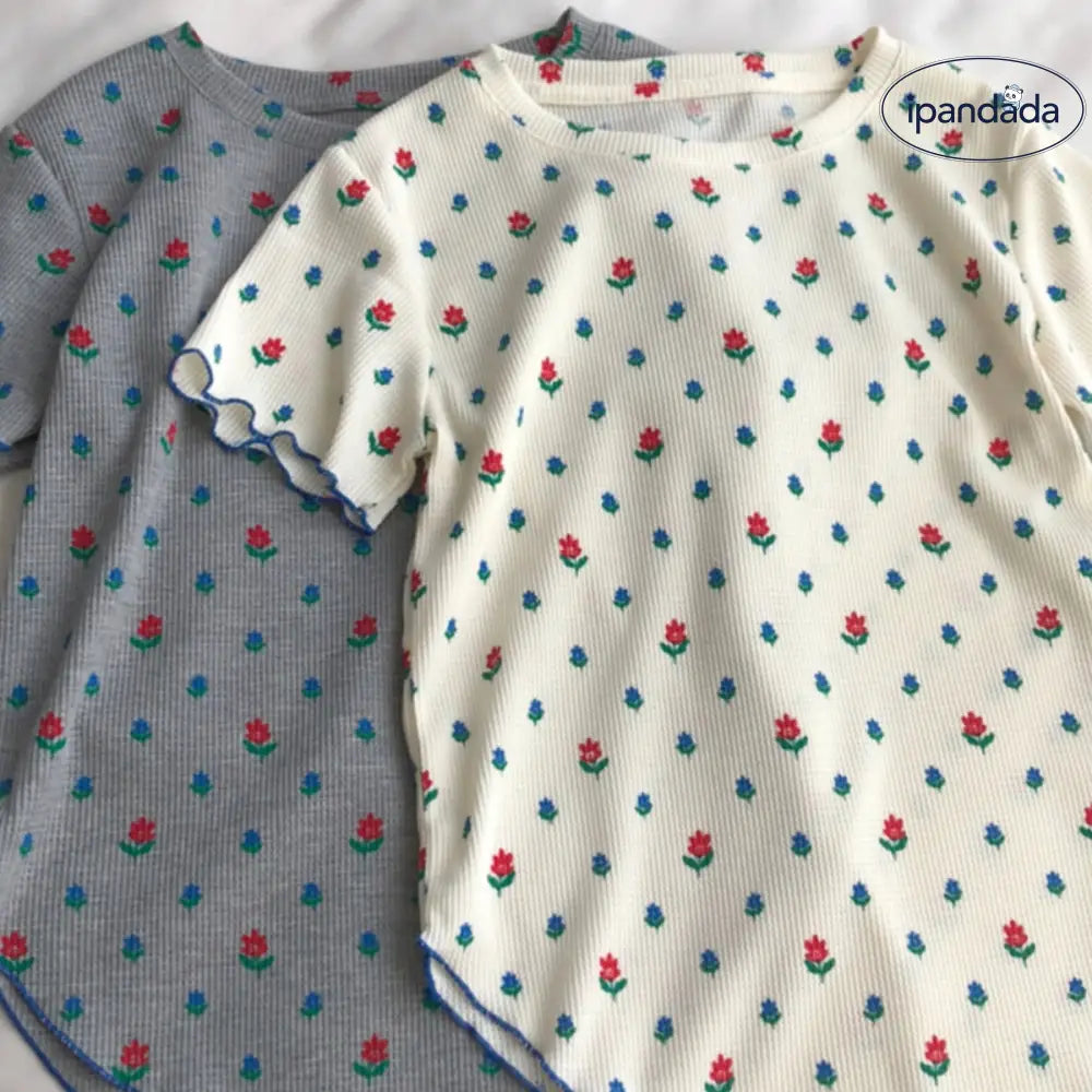 ID1482 韓国風 フリル付き フラワープリント ヴィンテージカラー コンビネーション ショートスリーブ Tシャツ レディース 夏用 薄手 ゆったり シルエット 丸首 花柄 トップス