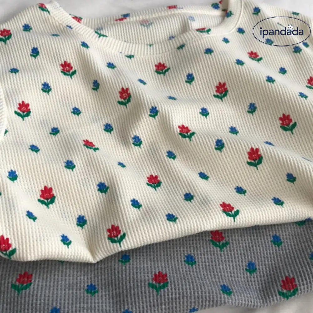 ID1482 韓国風 フリル付き フラワープリント ヴィンテージカラー コンビネーション ショートスリーブ Tシャツ レディース 夏用 薄手 ゆったり シルエット 丸首 花柄 トップス