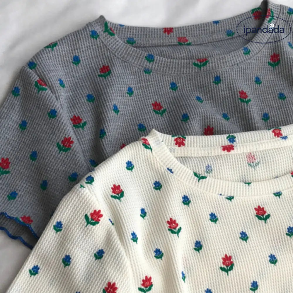 ID1482 韓国風 フリル付き フラワープリント ヴィンテージカラー コンビネーション ショートスリーブ Tシャツ レディース 夏用 薄手 ゆったり シルエット 丸首 花柄 トップス