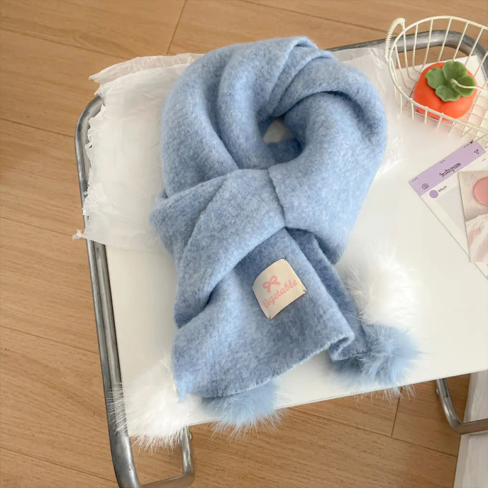 韓国風 フリース ボンボン スカーフ レディース 冬用 保温 ベーシック ニット ネックウォーマー 厚手 アクセント ストール ID3390 ブルー / 170*25cm