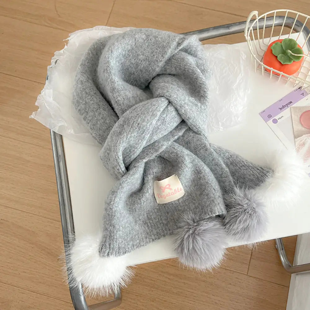 韓国風 フリース ボンボン スカーフ レディース 冬用 保温 ベーシック ニット ネックウォーマー 厚手 アクセント ストール ID3390 グレー / 170*25cm