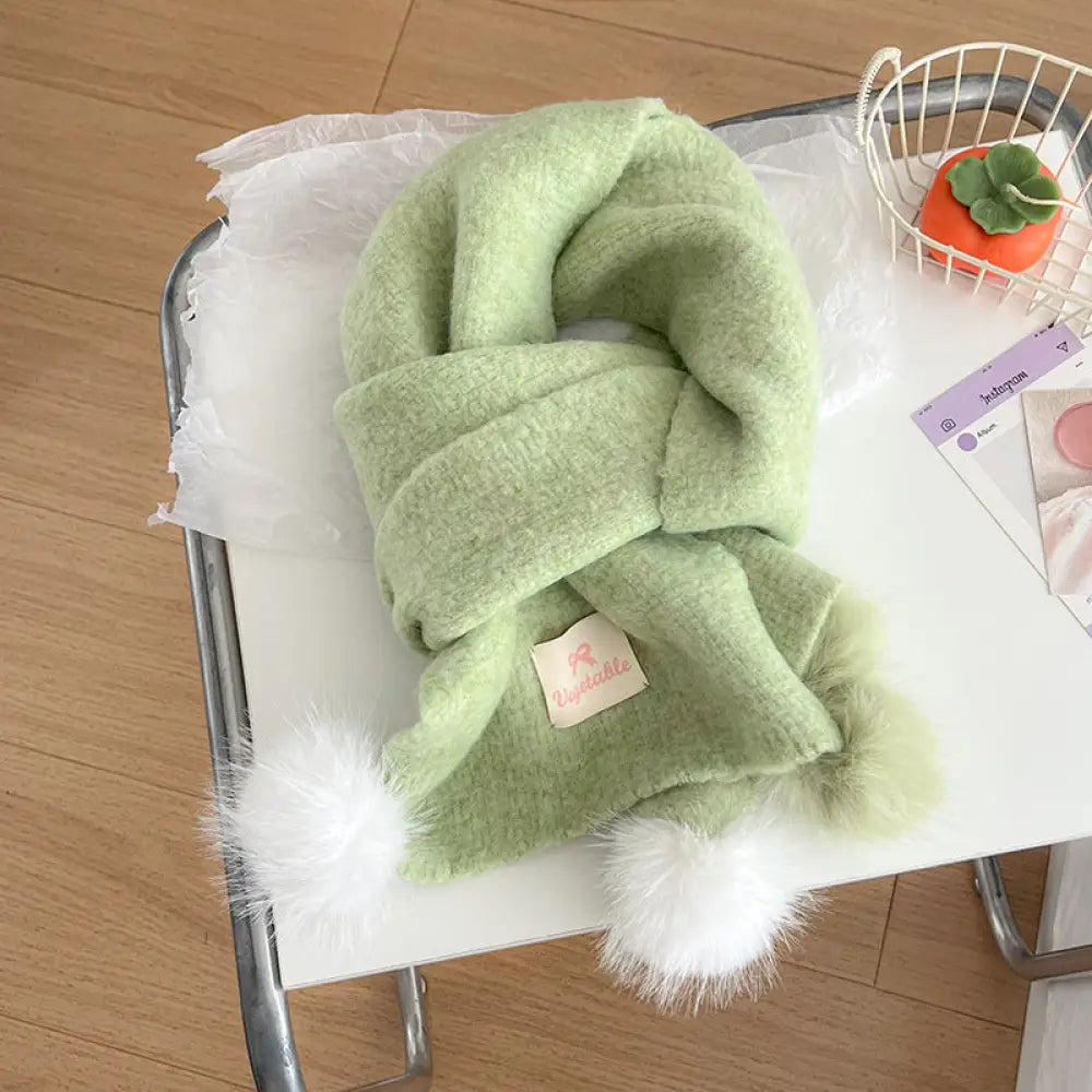 韓国風 フリース ボンボン スカーフ レディース 冬用 保温 ベーシック ニット ネックウォーマー 厚手 アクセント ストール ID3390 グリーン / 170*25cm