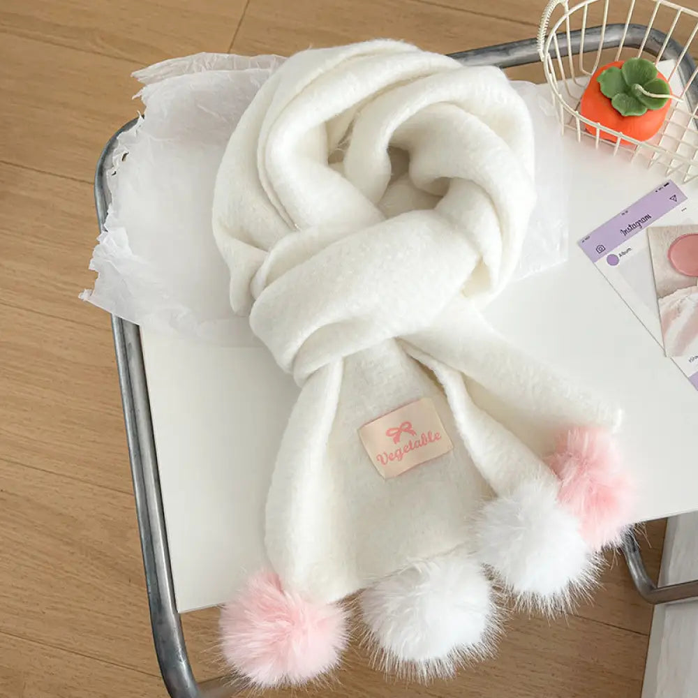 韓国風 フリース ボンボン スカーフ レディース 冬用 保温 ベーシック ニット ネックウォーマー 厚手 アクセント ストール ID3390 ホワイト / 170*25cm