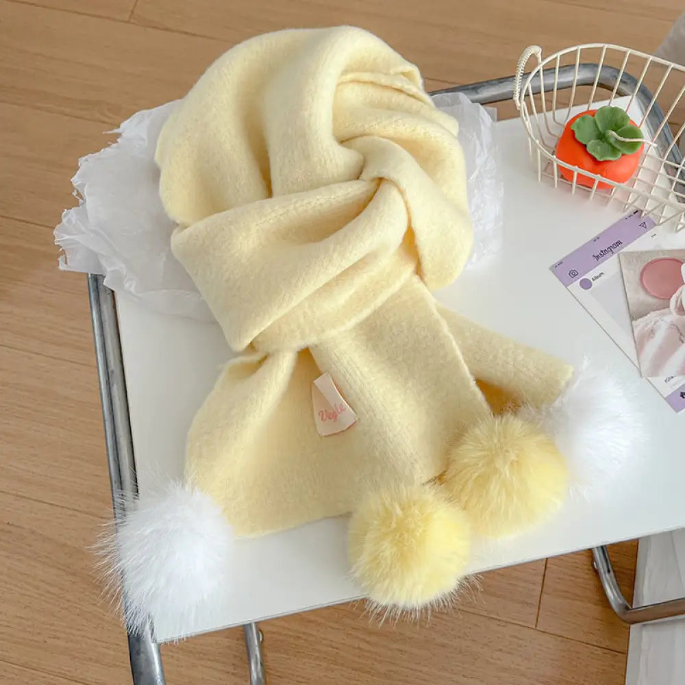 韓国風 フリース ボンボン スカーフ レディース 冬用 保温 ベーシック ニット ネックウォーマー 厚手 アクセント ストール ID3390 イエロー / 170*25cm