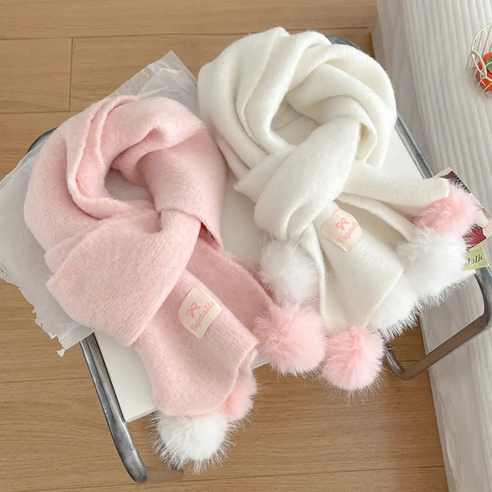 韓国風 フリース ボンボン スカーフ レディース 冬用 保温 ベーシック ニット ネックウォーマー 厚手 アクセント ストール ID3390