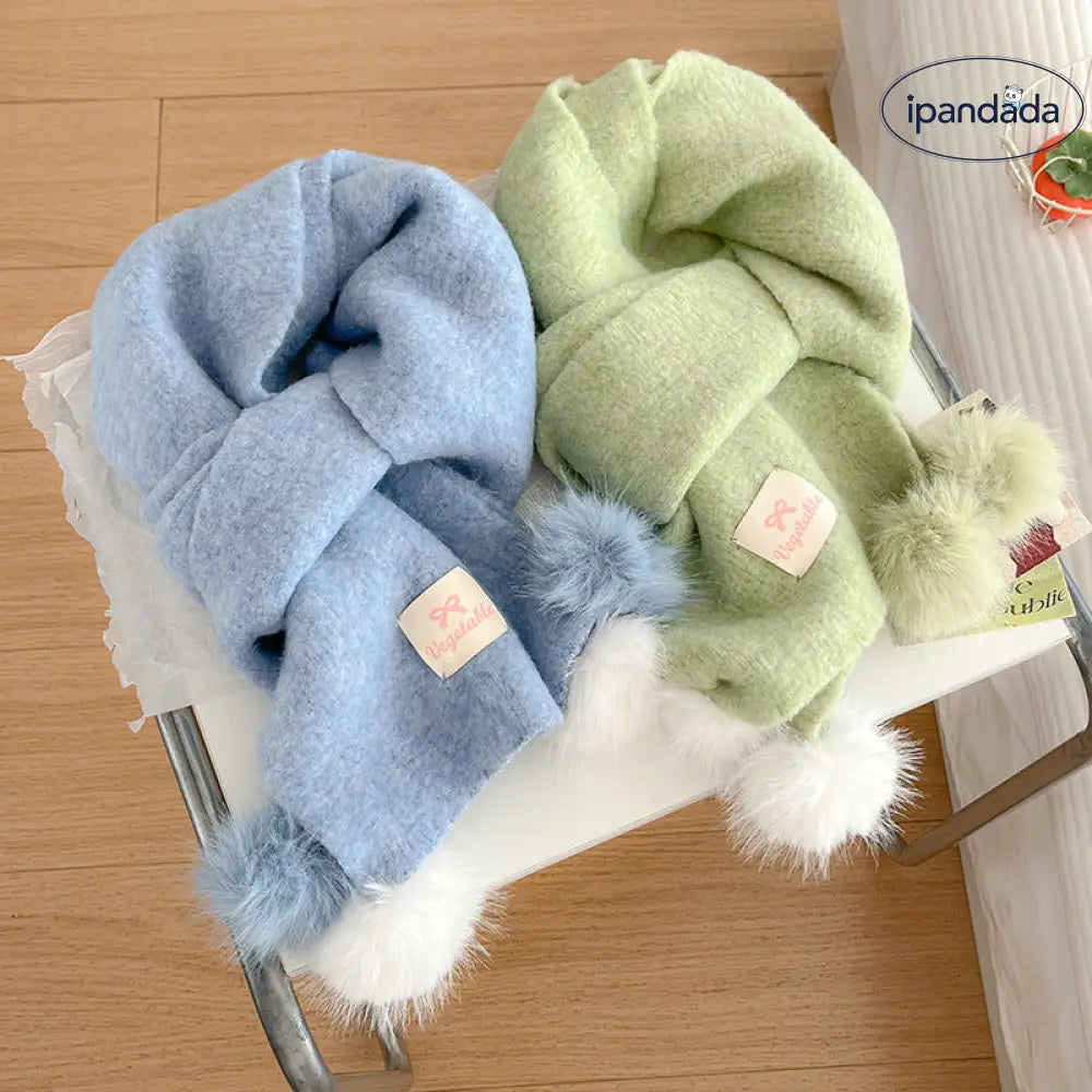 韓国風 フリース ボンボン スカーフ レディース 冬用 保温 ベーシック ニット ネックウォーマー 厚手 アクセント ストール ID3390