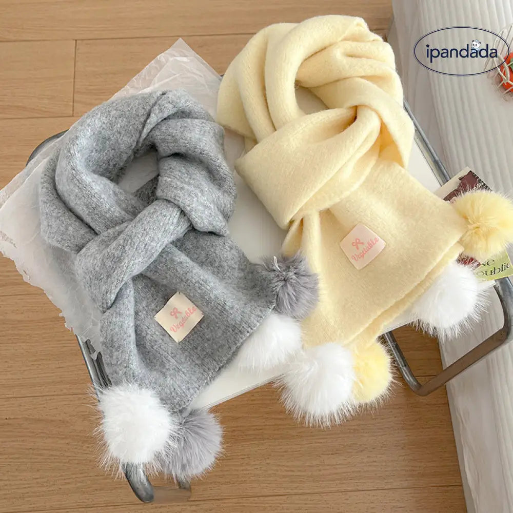 韓国風 フリース ボンボン スカーフ レディース 冬用 保温 ベーシック ニット ネックウォーマー 厚手 アクセント ストール ID3390