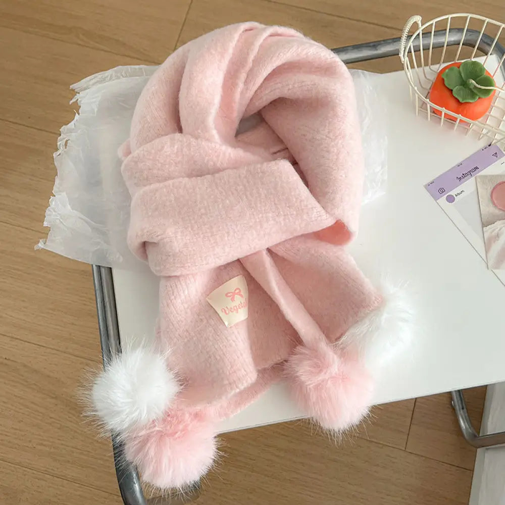 韓国風 フリース ボンボン スカーフ レディース 冬用 保温 ベーシック ニット ネックウォーマー 厚手 アクセント ストール ID3390 ピンク / 170*25cm