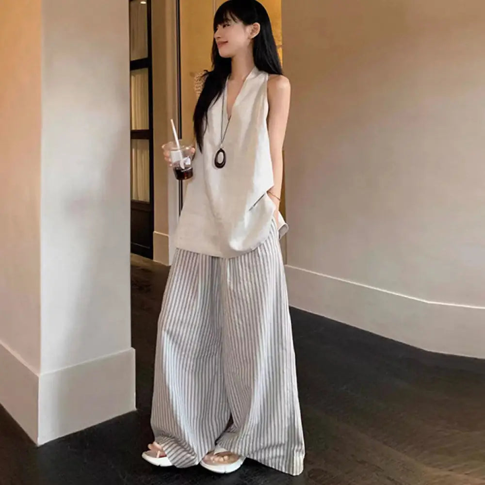ID1140 韓国風 高級リラックス ホーム＆アウトドア 夏用 ノースリーブ タンクトップ＆ロングパンツ 2点セット 外出着＞セットアップ