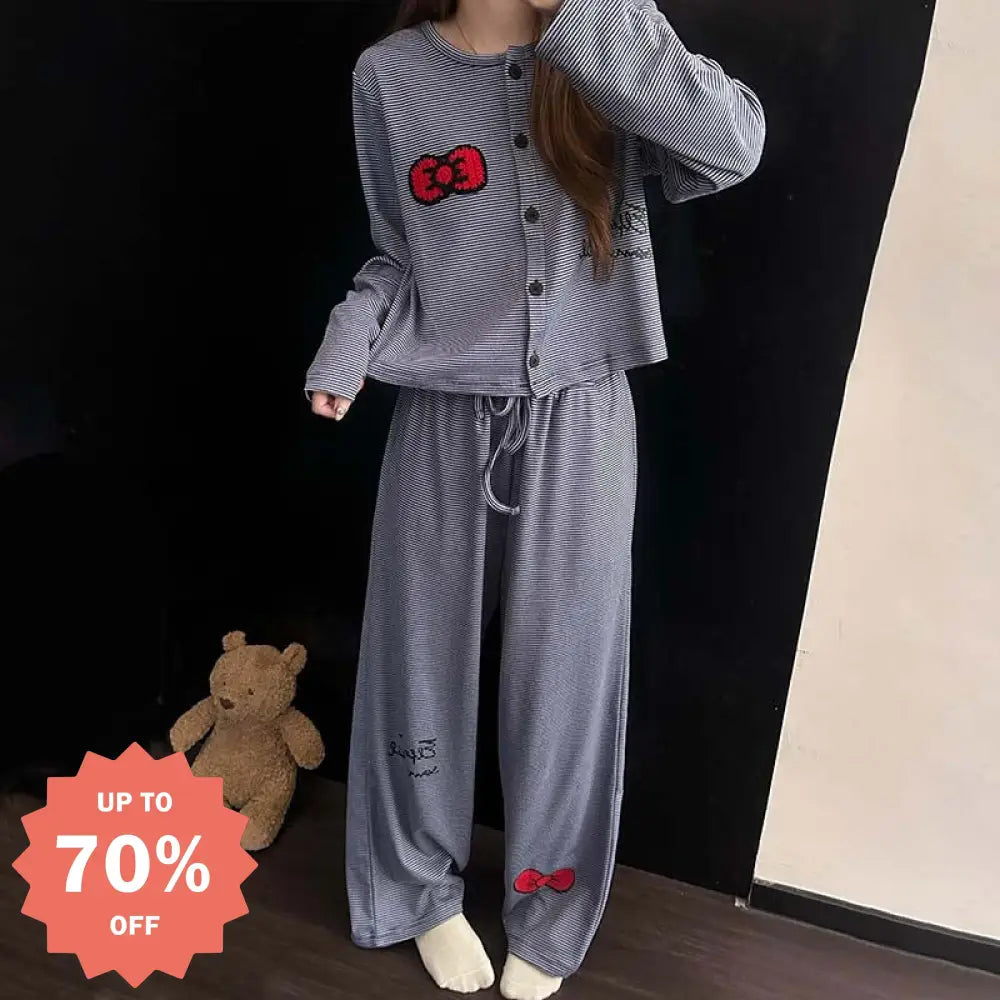韓国風 インスタ シンプル リボン ストライプ プリント パジャマ レディース 春 秋 ルーズ 快適 ホームウェア 2点セット ゆったり 柔らかい 着心地 おしゃれ ナチュラル 自宅用 リラックス 綿素材 寝具 カジュアル 薄手 季節 レディースウェア ルームウェア ID2186