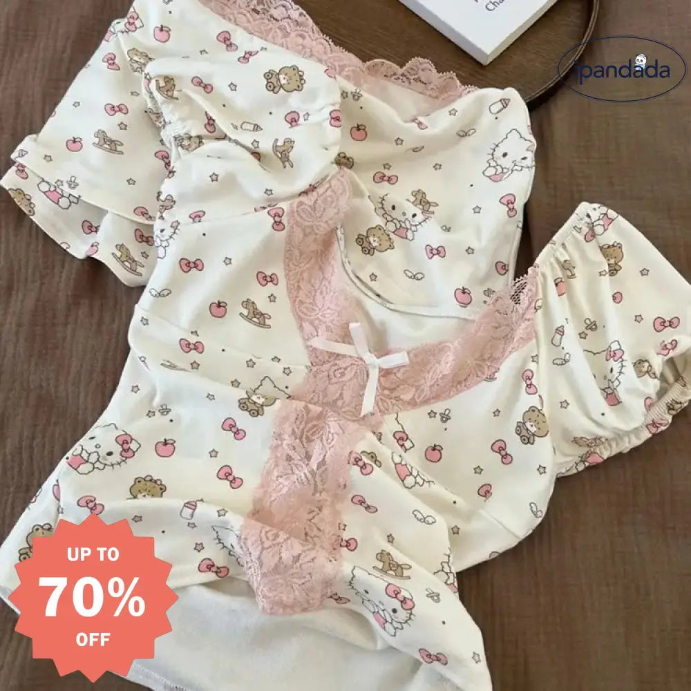 ID622 韓国風 インスタ映え かわいい パジャマ レディース 夏 半袖 レース 切り替え バブルスリーブ セクシー 可愛い レディース＞セットアップ