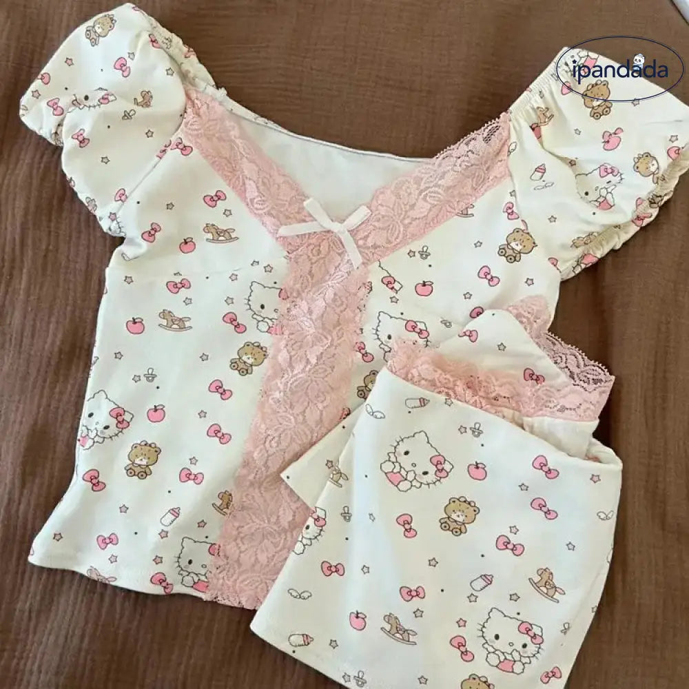ID622 韓国風 インスタ映え かわいい パジャマ レディース 夏 半袖 レース 切り替え バブルスリーブ セクシー 可愛い レディース＞セットアップ