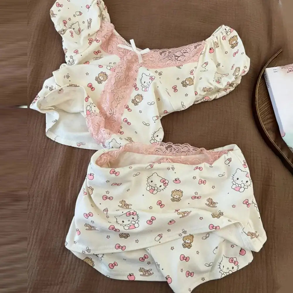 ID622 韓国風 インスタ映え かわいい パジャマ レディース 夏 半袖 レース 切り替え バブルスリーブ セクシー 可愛い 写真通り（2点セット） / S レディース＞セットアップ
