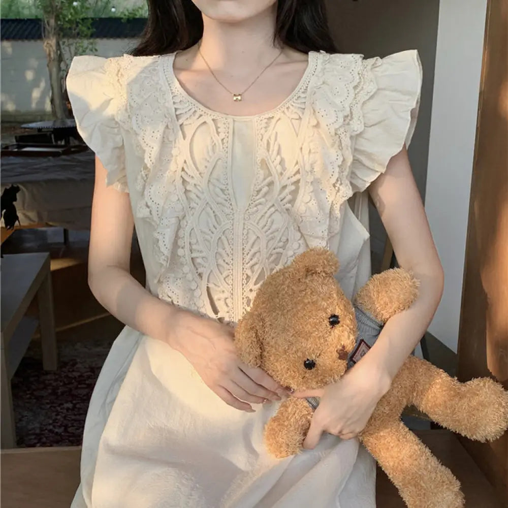 ID748 韓国風 インスタ映え レディース 夏 パジャマ ゆったり 快適 甘い 宮廷風 高級 レース ルームウェア ナイトドレス 上品 透け感 素材 通気性 抜群 レディース＞ワンピース
