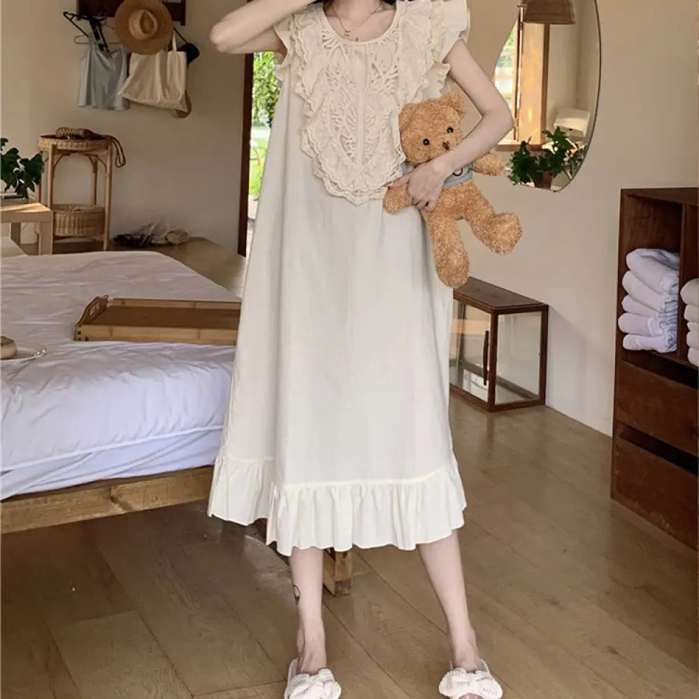 ID748 韓国風 インスタ映え レディース 夏 パジャマ ゆったり 快適 甘い 宮廷風 高級 レース ルームウェア ナイトドレス 上品 透け感 素材 通気性 抜群 ベージュ / フリー レディース＞ワンピース