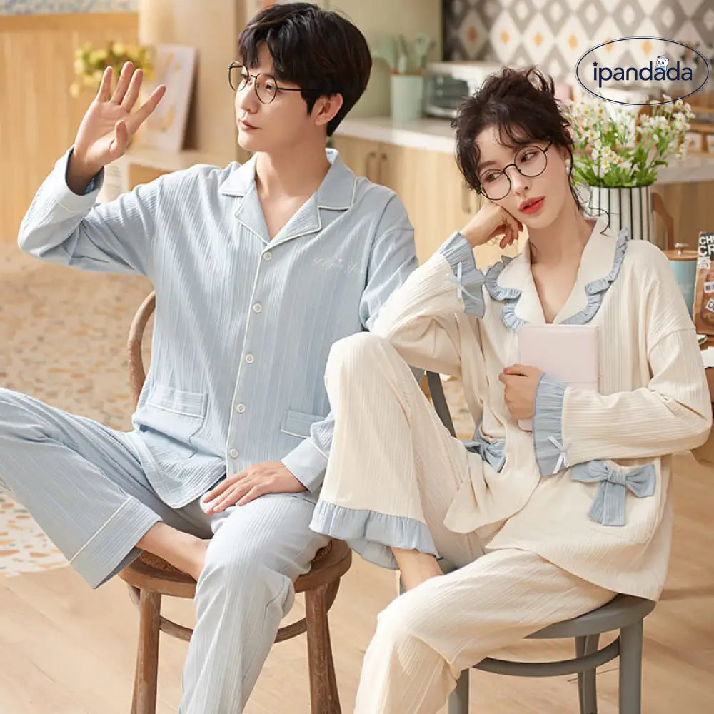 韓国風 カップル パジャマ 長袖 コットン 春秋 レディース 高級感 メンズ 薄手 セット ID4330