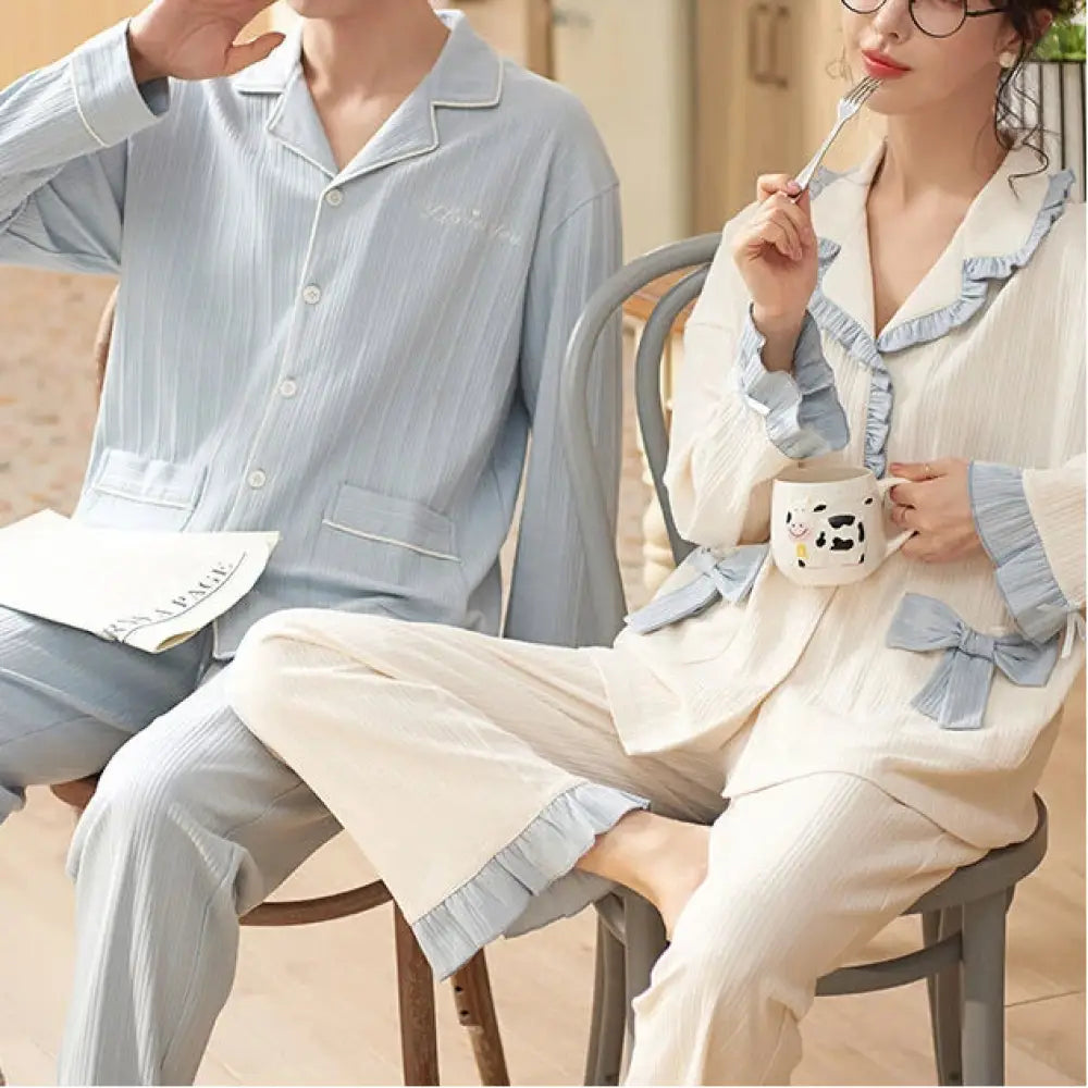 韓国風 カップル パジャマ 長袖 コットン 春秋 レディース 高級感 メンズ 薄手 セット ID4330