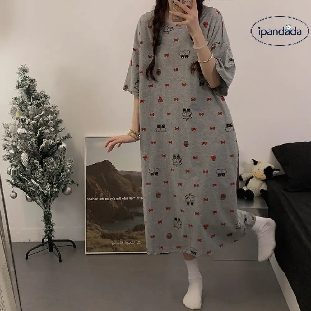 ID608 韓国風 かわいい ハローキティ 夏用 寝巻きワンピース 半袖 インスタ映え ゆったり カートゥーン ミディ丈 丸首 学生 パジャマ ルームウェア レディース＞ワンピース