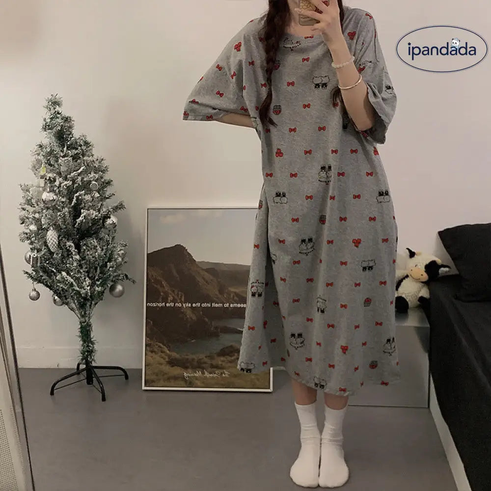 ID608 韓国風 かわいい ハローキティ 夏用 寝巻きワンピース 半袖 インスタ映え ゆったり カートゥーン ミディ丈 丸首 学生 パジャマ ルームウェア レディース＞ワンピース