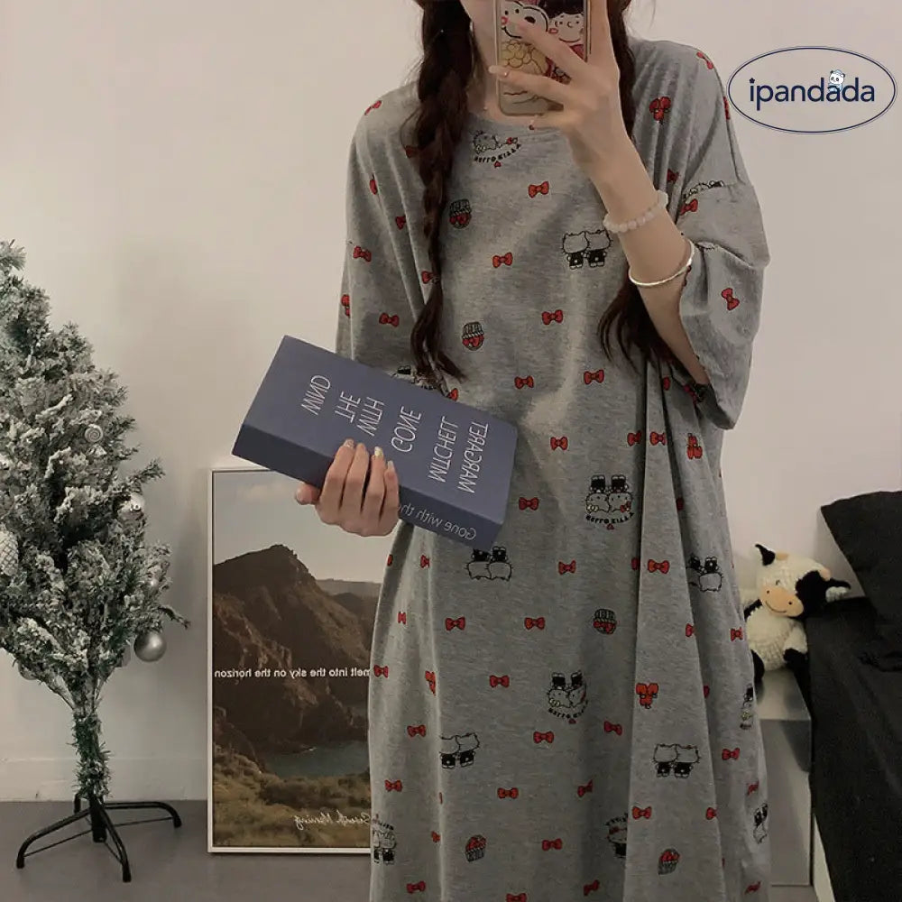 ID608 韓国風 かわいい ハローキティ 夏用 寝巻きワンピース 半袖 インスタ映え ゆったり カートゥーン ミディ丈 丸首 学生 パジャマ ルームウェア レディース＞ワンピース