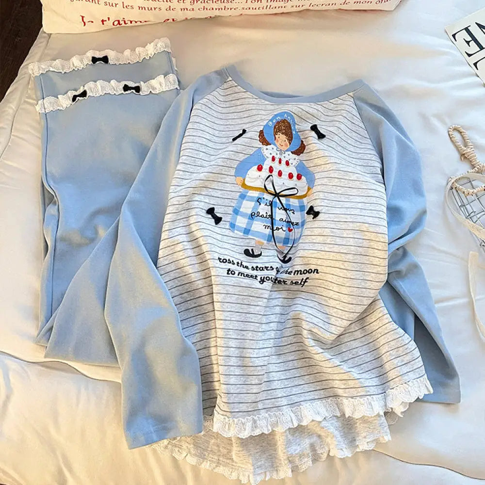 韓国風 かわいらしい ストライプ ケーキデザイン パジャマ レディース 秋新作 大きいサイズ ルームウェア セットアップ ID3478 写真通り / S