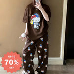 韓国風 キティ キャット パジャマ 上下セット 綿 コットン 女性用 半袖 長ズボン ルームウェアセット カジュアル 快適 ナイトウェア ゆったり ID4662 - ブラウン / M - レディース＞セットアップ