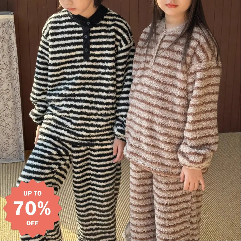 韓国風 キッズ 快適 ストライプ ルームウェア 男の子 女の子 保温 クラウドフリース セット ID3547