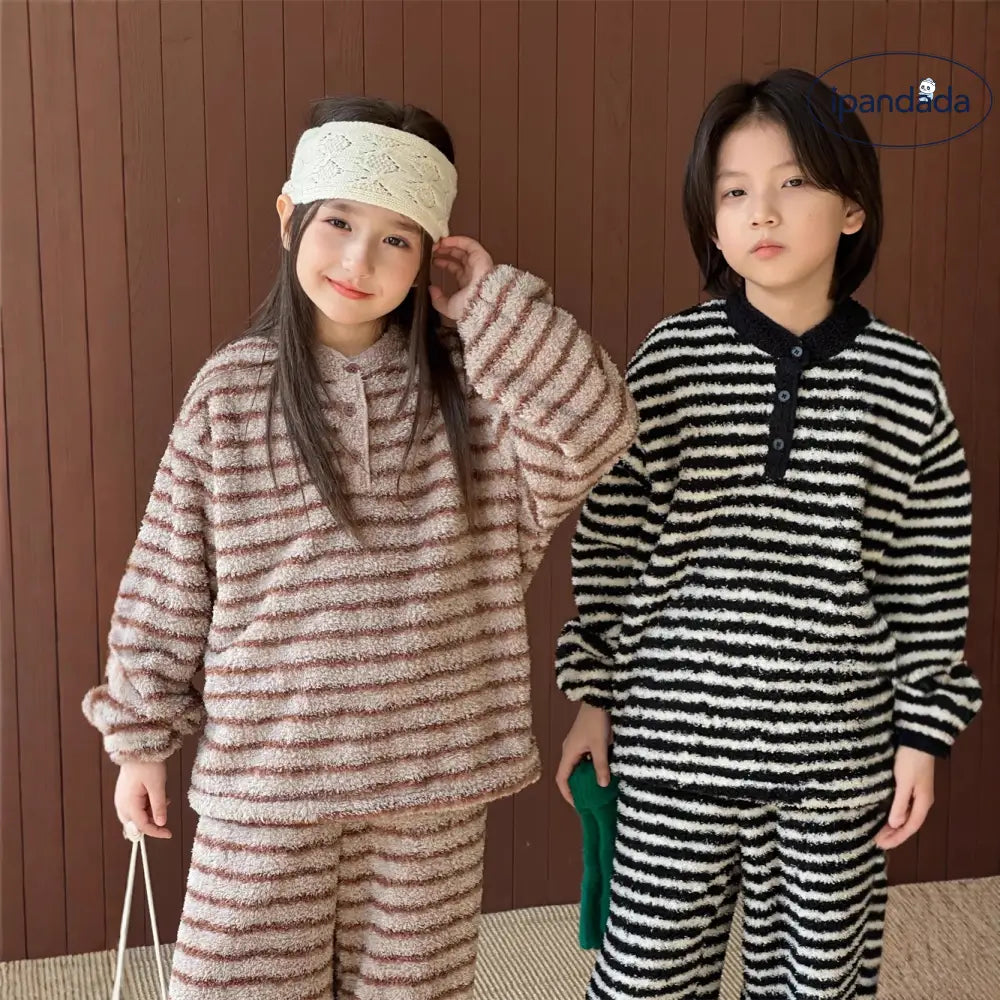 韓国風 キッズ 快適 ストライプ ルームウェア 男の子 女の子 保温 クラウドフリース セット ID3547