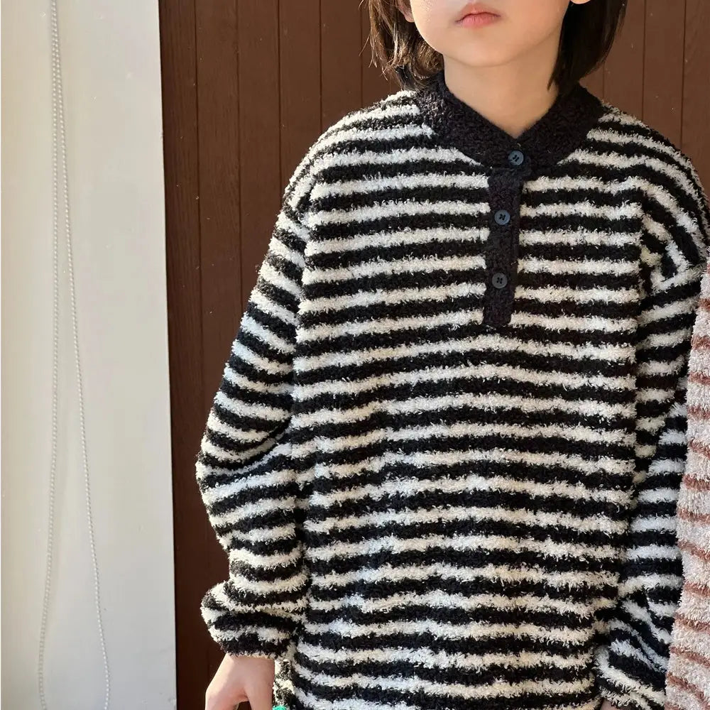 韓国風 キッズ 快適 ストライプ ルームウェア 男の子 女の子 保温 クラウドフリース セット ID3547 ブラック / 90cm