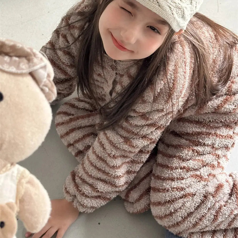 韓国風 キッズ 快適 ストライプ ルームウェア 男の子 女の子 保温 クラウドフリース セット ID3547 ブラウン / 90cm