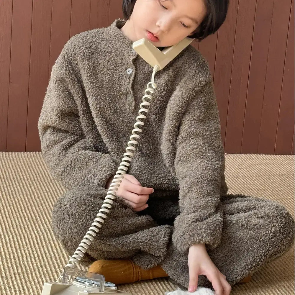 韓国風 キッズ 快適 ストライプ ルームウェア 男の子 女の子 保温 クラウドフリース セット ID3547 キャメル / 90cm