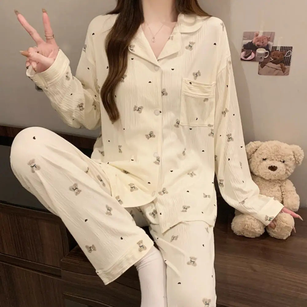 ID976韓国風 くま＆ハート プリーツ加工 パジャマセット レディース 3点セット 夏用 上質素材 おしゃれルームウェア イエロー半袖 + 長パン / M レディース＞セットアップ