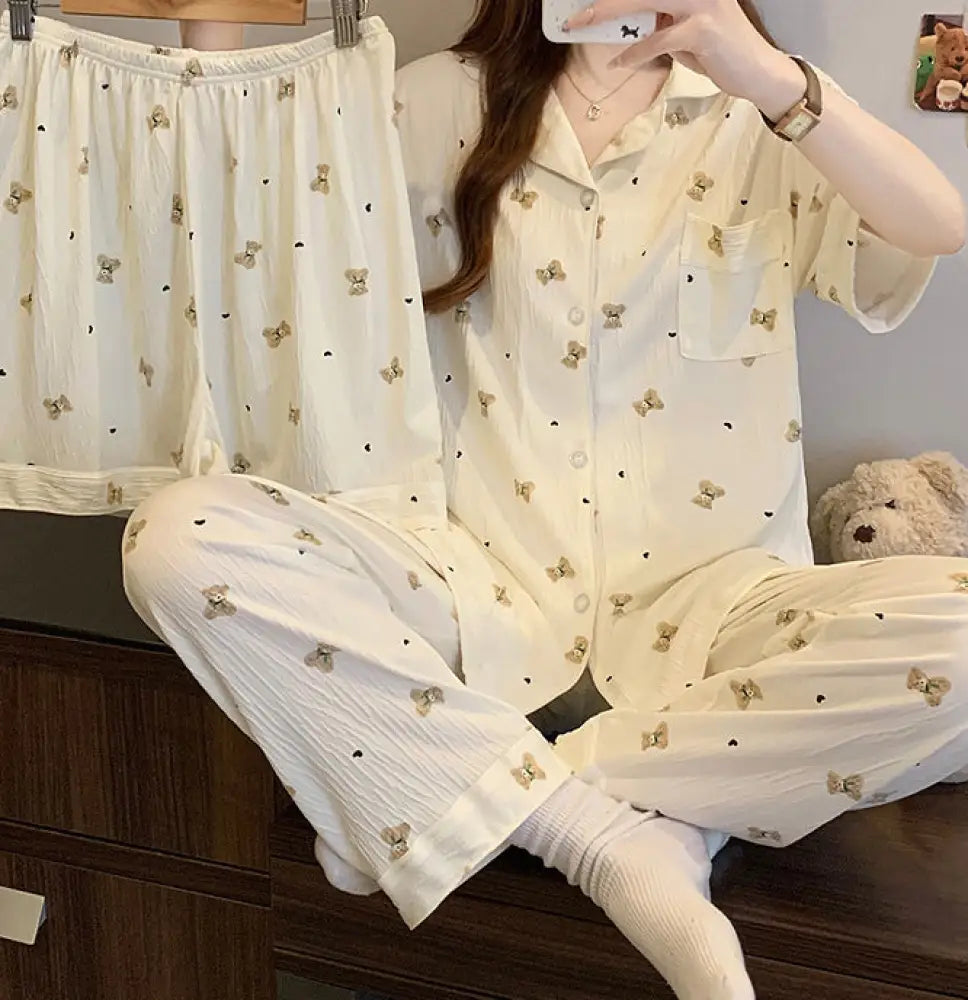 ID976韓国風 くま＆ハート プリーツ加工 パジャマセット レディース 3点セット 夏用 上質素材 おしゃれルームウェア イエロー/3点セット / M レディース＞セットアップ