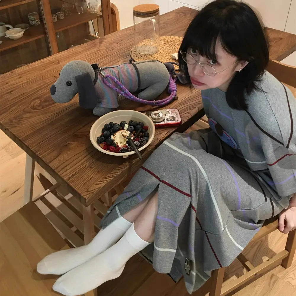 ID1310【韓国風】クールキャット ストライプワンピース 半袖 おしゃれ 部屋着・外出兼用 通気性 ゆったり レディース＞ワンピース