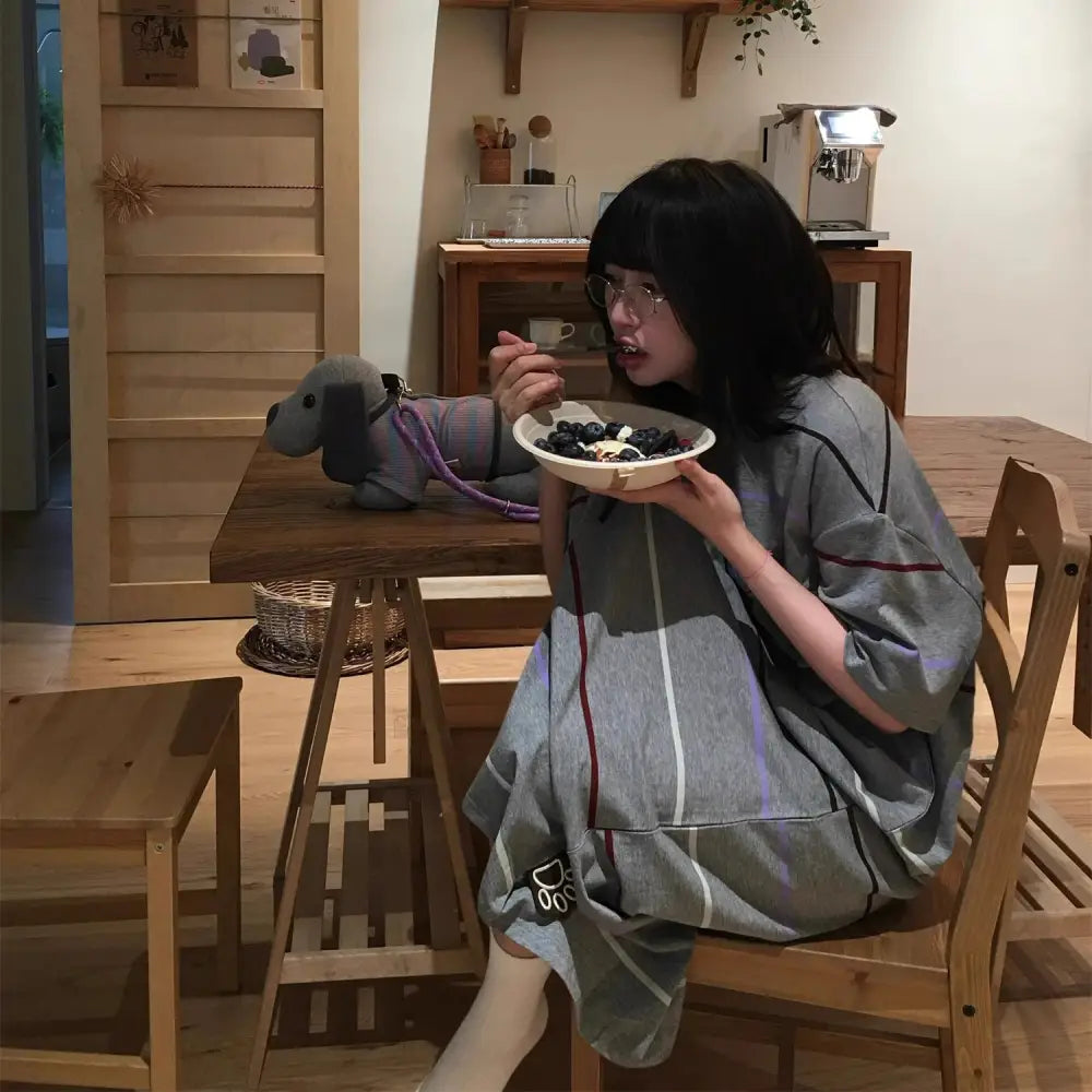 ID1310【韓国風】クールキャット ストライプワンピース 半袖 おしゃれ 部屋着・外出兼用 通気性 ゆったり レディース＞ワンピース