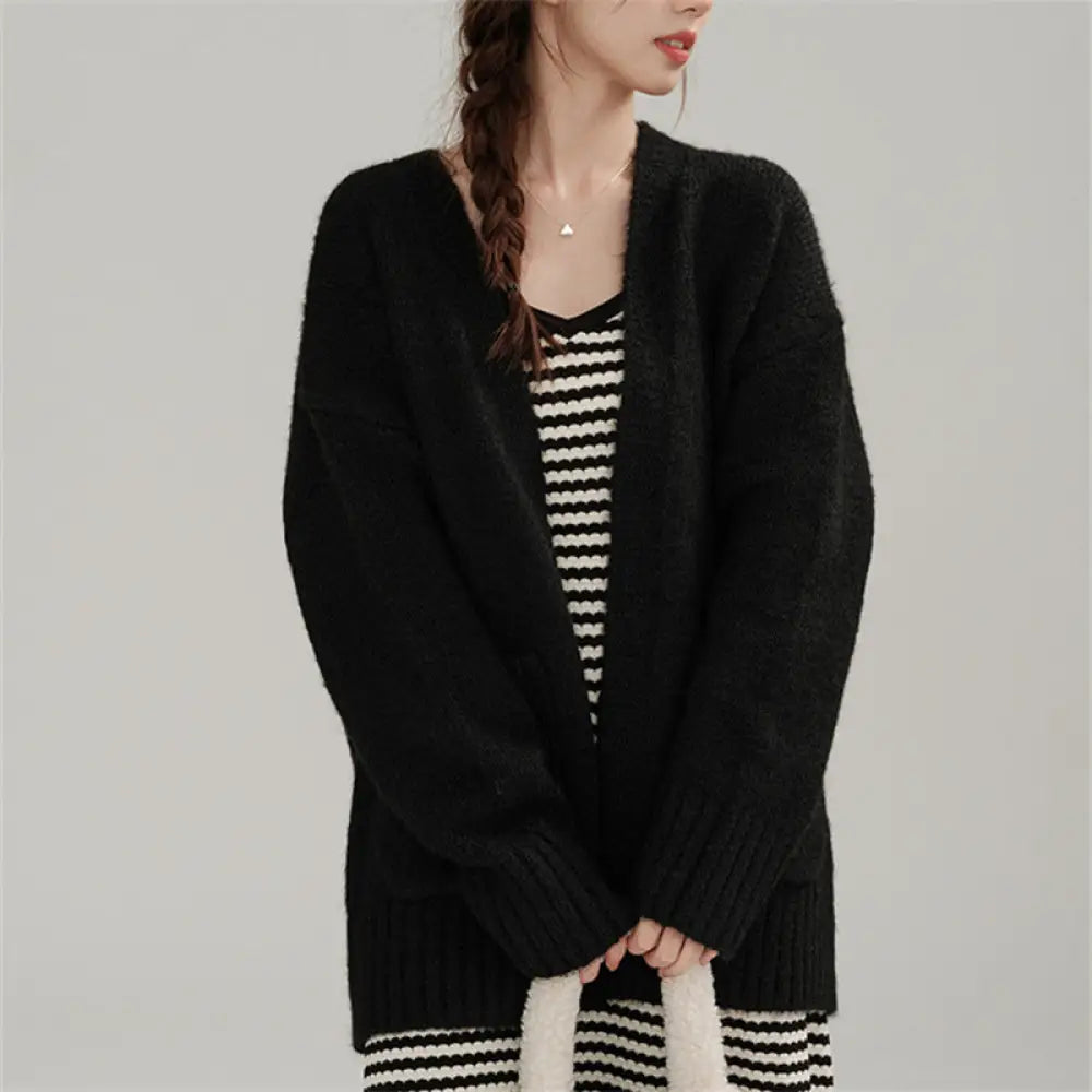 韓国風 オシャレ ヴィンテージ ゆったり ミディアムレングス レディース セーター アウター 春秋 秋冬 無地 厚手 長袖 ニット カーディガン ID2942 ブラック / フリー