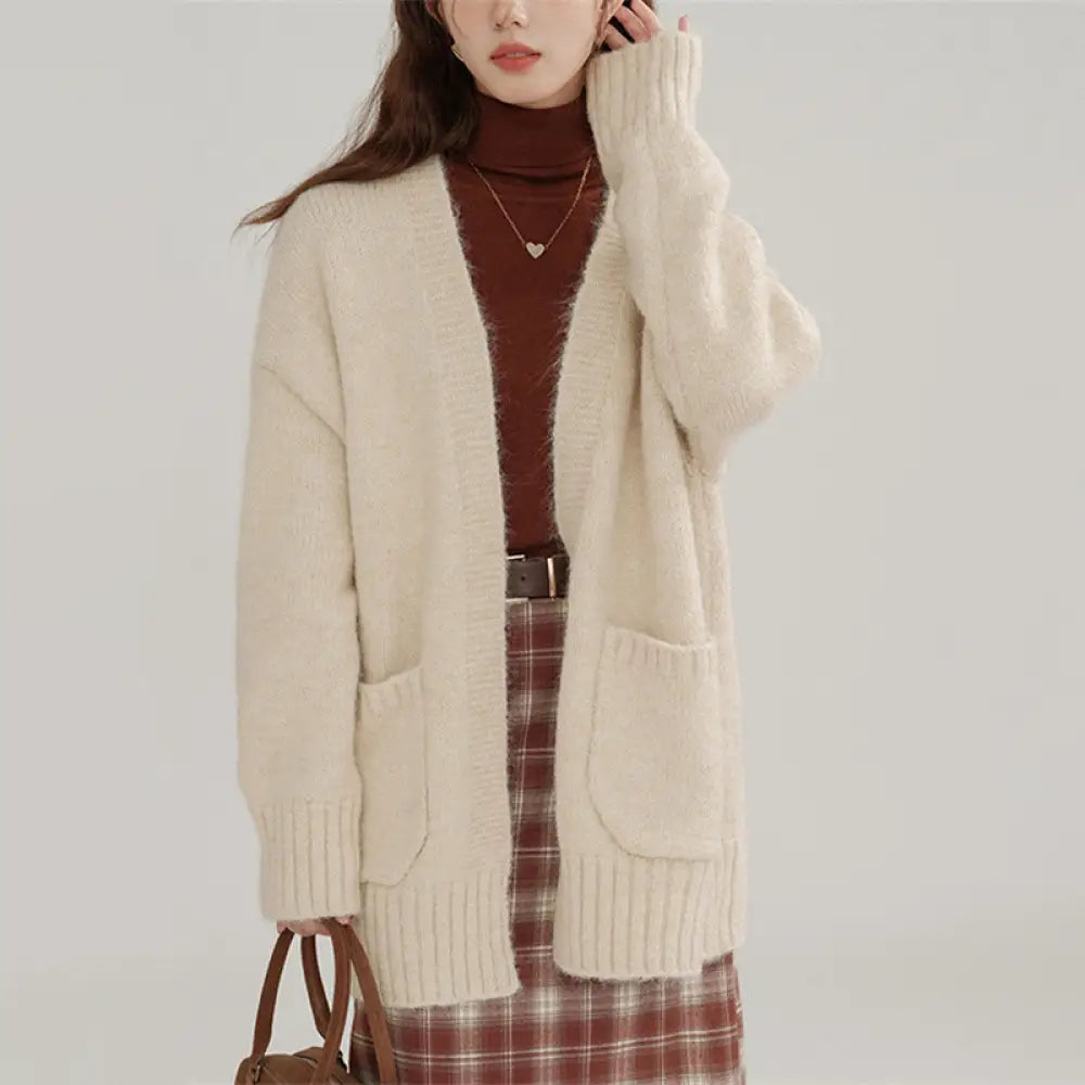 韓国風 オシャレ ヴィンテージ ゆったり ミディアムレングス レディース セーター アウター 春秋 秋冬 無地 厚手 長袖 ニット カーディガン ID2942