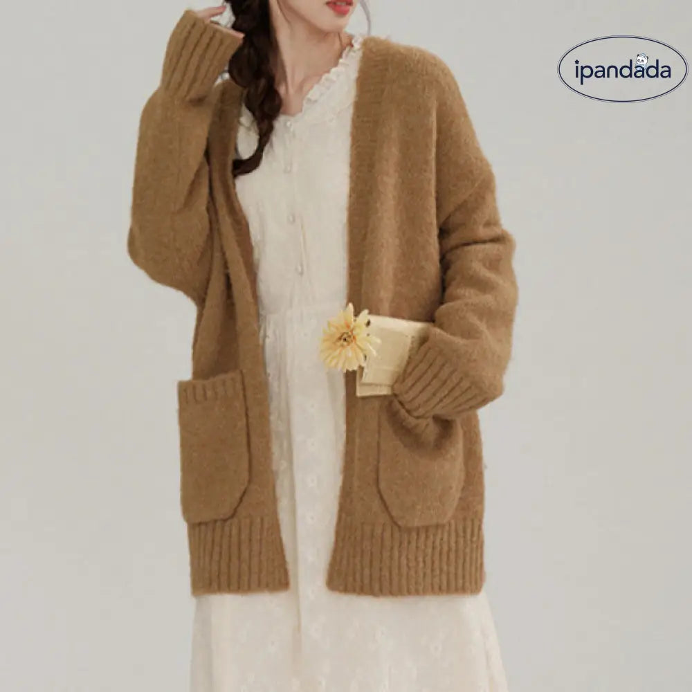 韓国風 オシャレ ヴィンテージ ゆったり ミディアムレングス レディース セーター アウター 春秋 秋冬 無地 厚手 長袖 ニット カーディガン ID2942