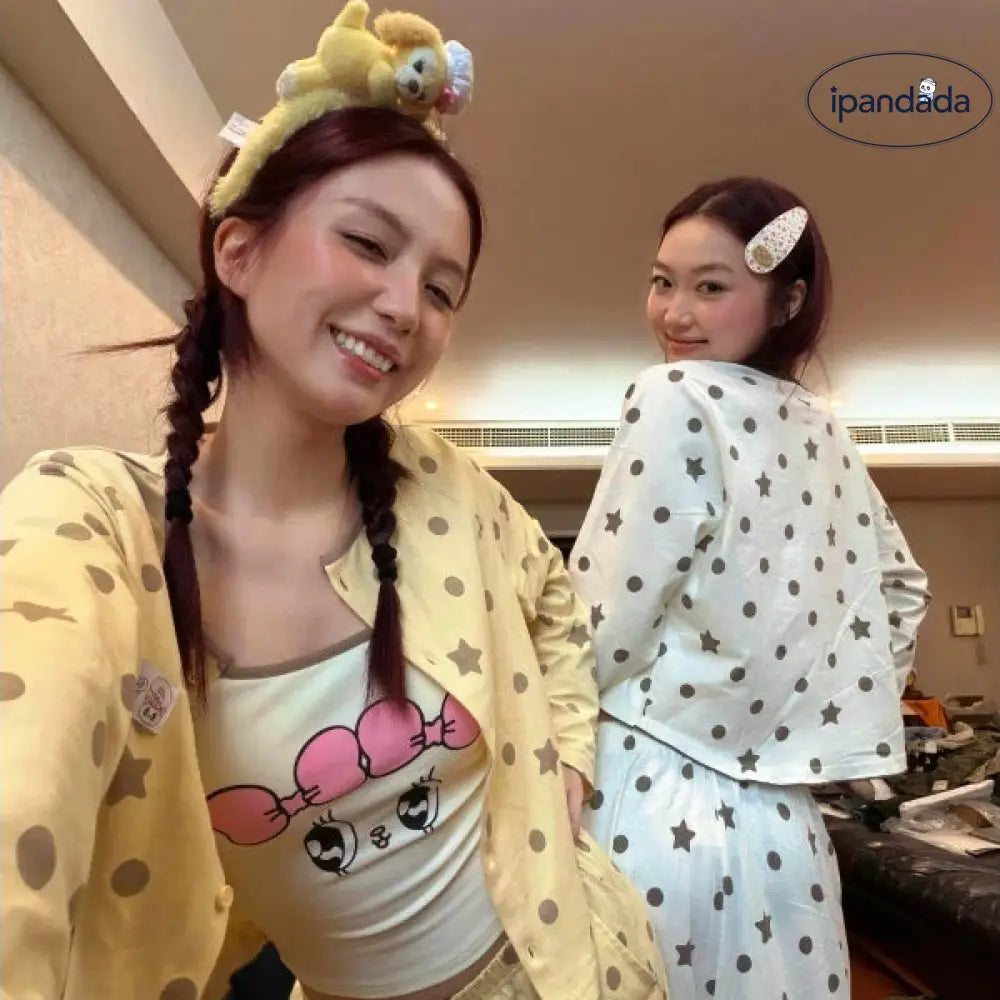 【韓国風】 パジャマ レディース 3点セット 水玉 ドット プリント かわいい 春秋 新作 長袖 キャミソール パンツ セット おしゃれ 部屋着 兼用 プレゼント ギフト ID4633 レディース＞セットアップ