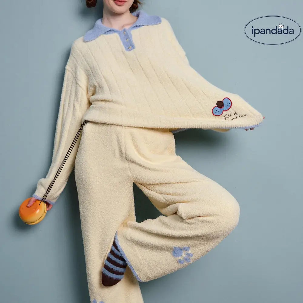 韓国風 パジャマ レディース 冬用 保温 裏起毛 厚手 長袖 長ズボン ゆったり ルームウェア セットアップ ID3370