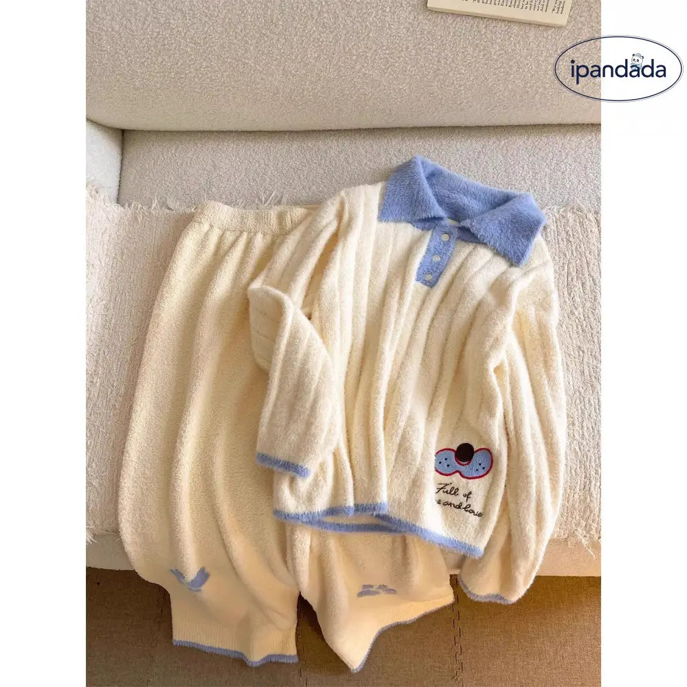 韓国風 パジャマ レディース 冬用 保温 裏起毛 厚手 長袖 長ズボン ゆったり ルームウェア セットアップ ID3370 蓝领条纹加绒 / M