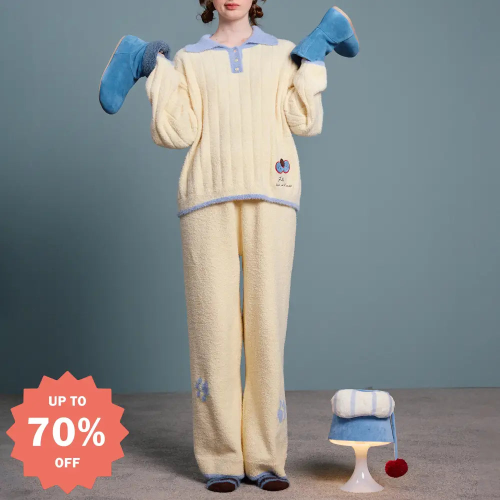 韓国風 パジャマ レディース 冬用 保温 裏起毛 厚手 長袖 長ズボン ゆったり ルームウェア セットアップ ID3370