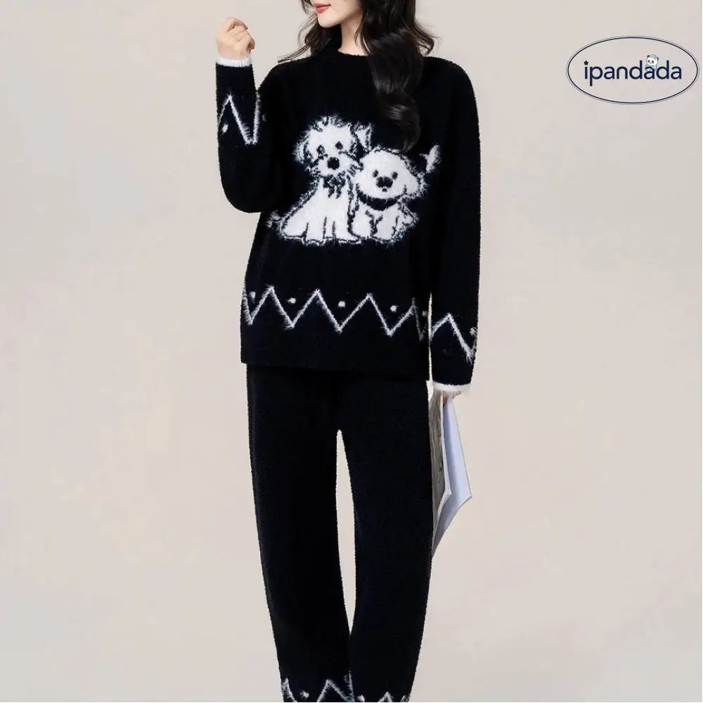 韓国風 秋冬 レディース フリース パジャマ かわいい 可愛い 暖かい あったか ふわもこ モコモコ 長袖 冬用 ルームウェア 保温 ID3715 ブラック / フリー レディース＞セットアップ