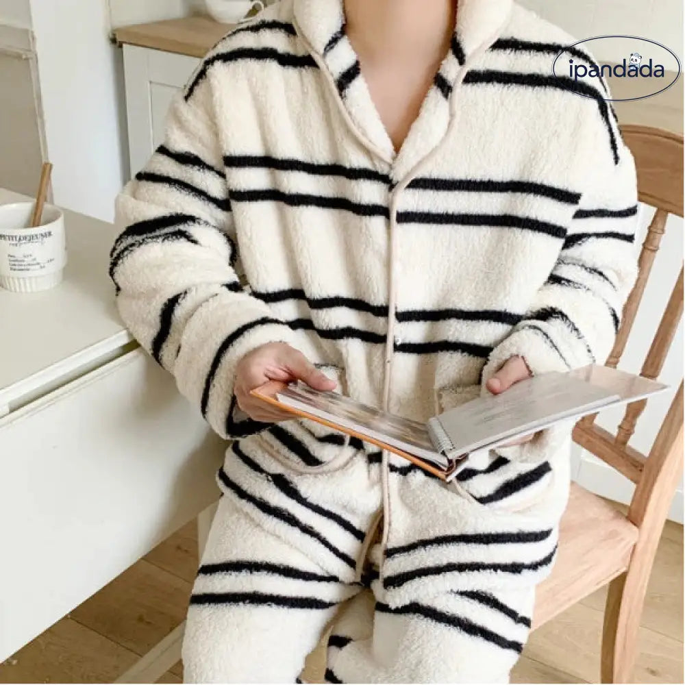 韓国風 レディース 保温 フリース パジャマ ストライプ カップル 散歩 ルームウェア 長袖 長ズボン セット ID2926