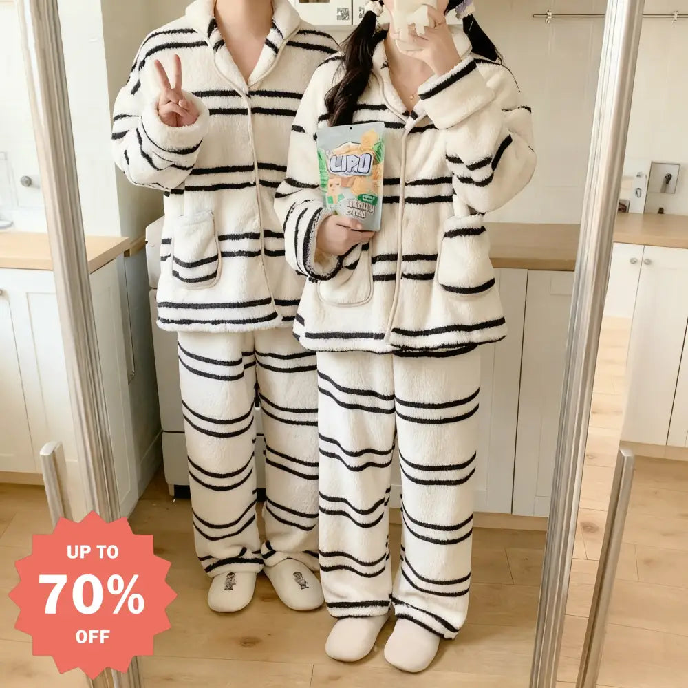 韓国風 レディース 保温 フリース パジャマ ストライプ カップル 散歩 ルームウェア 長袖 長ズボン セット ID2926