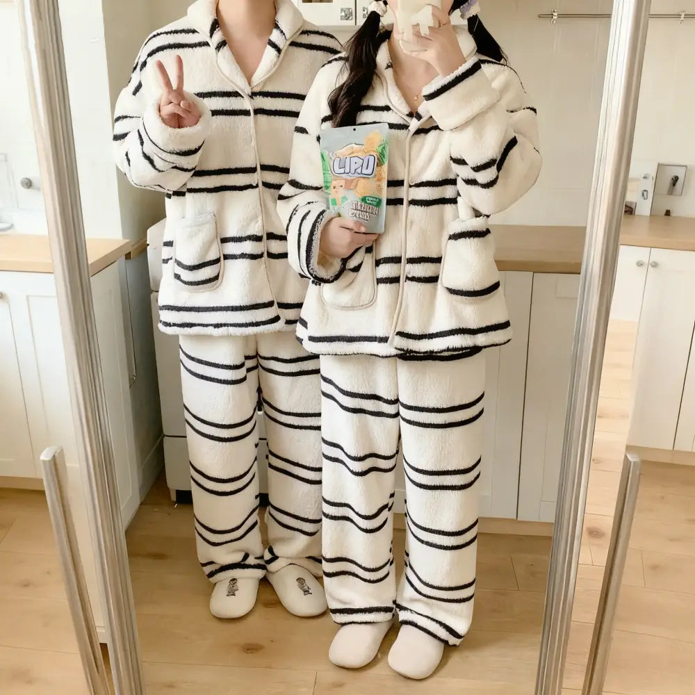 韓国風 レディース 保温 フリース パジャマ ストライプ カップル 散歩 ルームウェア 長袖 長ズボン セット ID2926