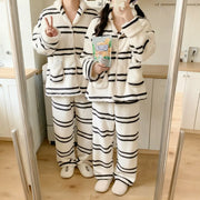 韓国風 レディース 保温 フリース パジャマ ストライプ カップル 散歩 ルームウェア 長袖 長ズボン セット ID2926