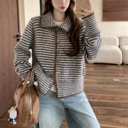 韓国風 レトロ ストライプ 長袖 セーター アウター レディース 秋用 ソフト フワフワ ゆったり ニット カーディガン ID3436 ブラウン / フリー